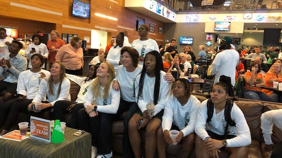 The University of Miami women’s basketball team gathered at the campus Rathskeller to celebrate earning a No. 4 seed in the NCAA Tournament. The Canes will host Florida Gulf Coast Friday at 9 p.m.