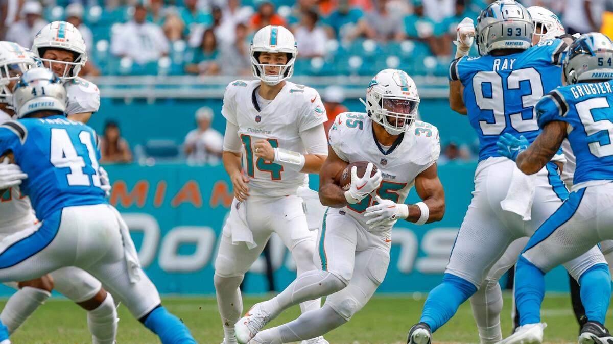 Miami Dolphins running back Chris Brooks (35) carries the ball in the fourth quarter against the Carolina Panthers at Hard Rock Stadium in Miami Gardens on Sunday, October 15, 2023.