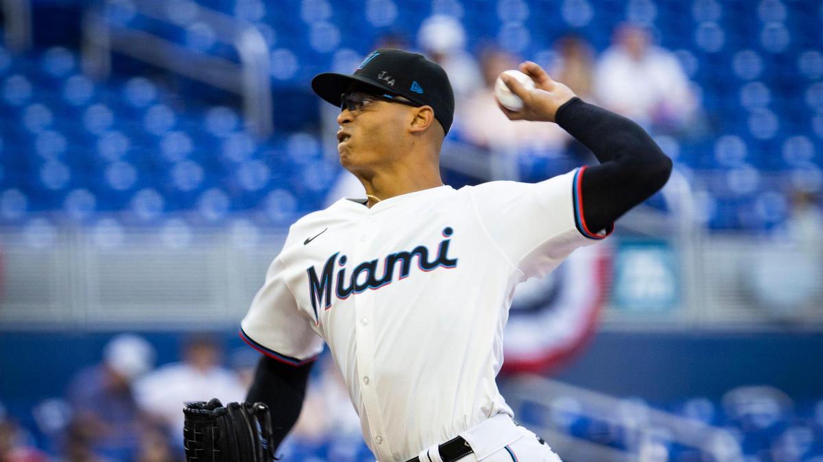 Miami Marlins starting pitcher Jesus Luzardo (44) pitches during the first inning of a baseball game on Tuesday, April 2, 2024, at loanDepot Park in Miami.