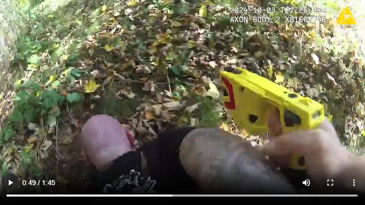 This video screengrab shows the moment a Taser was used to stop the suspect as he ran from the traffic stop, police say.