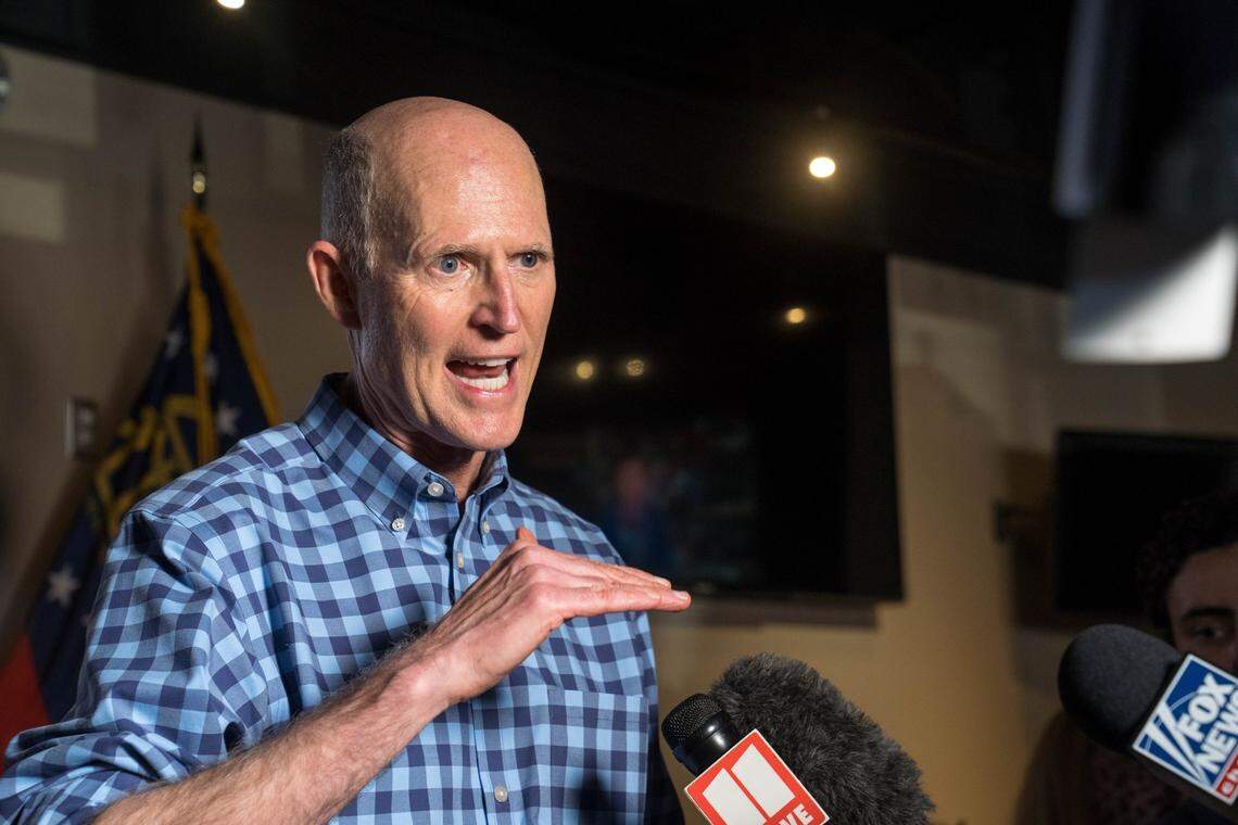U.S. Sen Rick Scott (R-FL) speaks at a campaign event to supporters of Senator David Perdue and Senator Kelly Loeffler at a restaurant on November 13, 2020, in Cumming, Georgia.