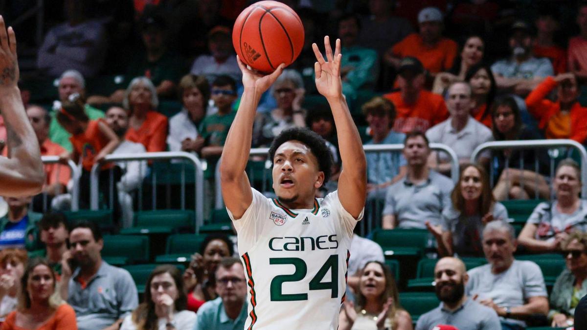 Miami Hurricanes guard Nigel Pack (24) shoots a three-pointer during the first half of an NCAA basketball game against Louisville at the Watsco Center in Coral Gables, Florida, on Saturday, February 11, 2023.