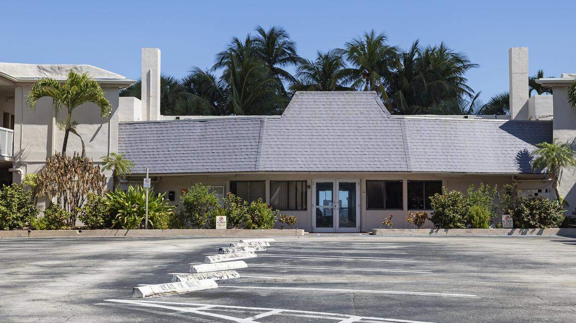 The entrance to the Miami Beach Club, a low-rise motel-style condo building in Sunny Isles Beach set to be redeveloped.