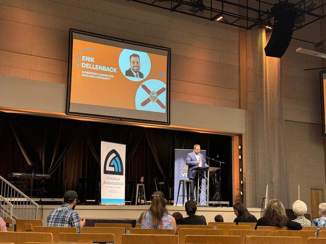 Erik Dellenback, who Gov. Ron DeSantis appointed to lead his faith and community state initiative, speaks at an anti-Amendment 4 event in Tallahassee on Oct. 14.