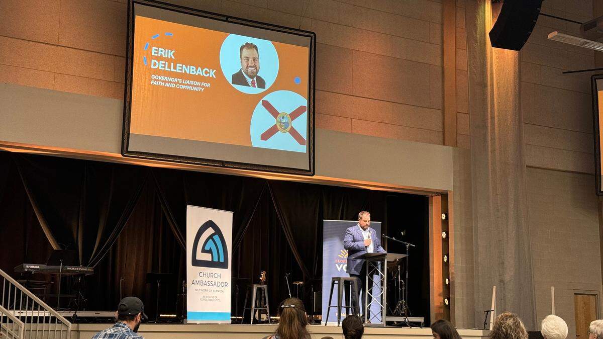 Erik Dellenback, who Gov. Ron DeSantis appointed to lead his faith and community state initiative, speaks at an anti-Amendment 4 event in Tallahassee on Oct. 14.