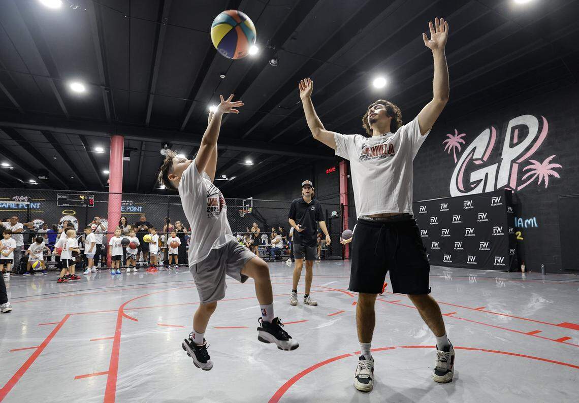 Miami Heat forward Jaime Jaquez Jr. coaches the youth at his basketball camp at Game Point Miami, in Hialeah, Florida, on Saturday, August 16, 2025. 