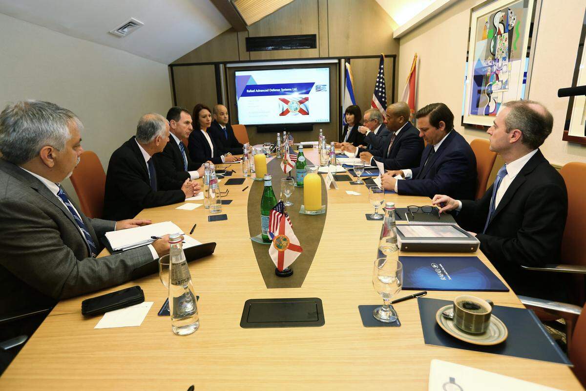 Florida Gov. Ron DeSantis and others meet with representatives of the company Rafael, a military and defense technologies development firm.