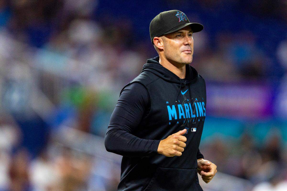 Miami Marlins manager Skip Schumaker walks out onto the field during an MLB game against the Philadelphia Phillies at loanDepot park in the Little Havana neighborhood of Miami, Florida, on Tuesday, August 1, 2023.