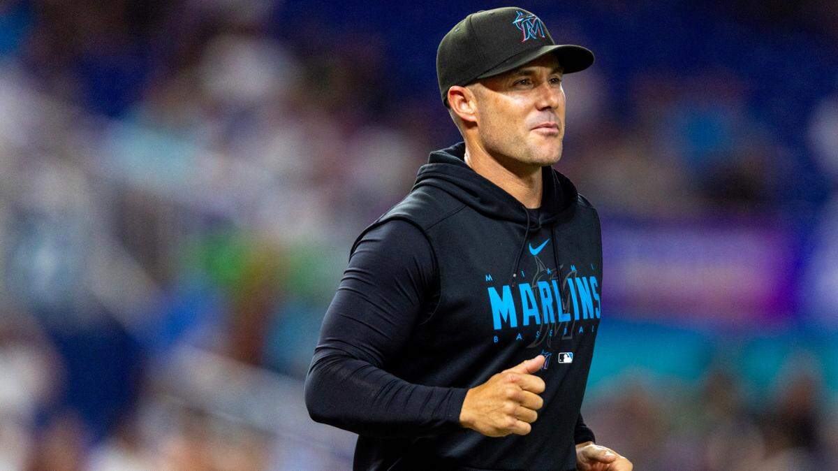 Miami Marlins manager Skip Schumaker walks out onto the field during an MLB game against the Philadelphia Phillies at loanDepot park in the Little Havana neighborhood of Miami, Florida, on Tuesday, August 1, 2023.