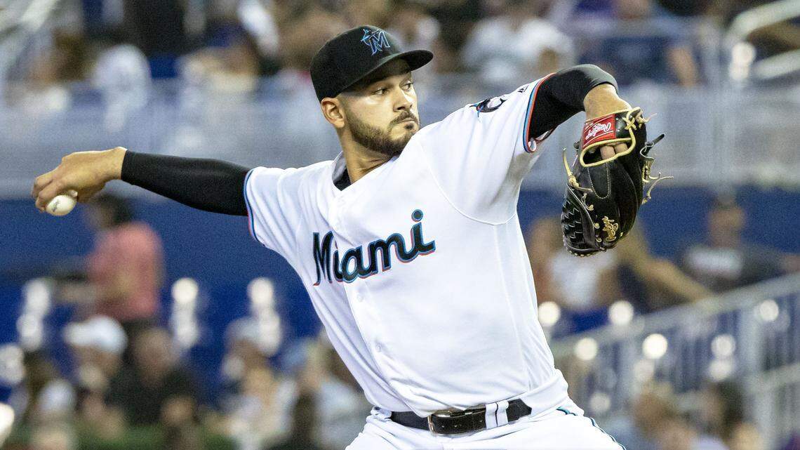 Miami Marlins pitcher Pablo Lopez (49) pitches during the first inning of Major League Baseball game against the Atlanta Braves at Marlins Park in Miami, Florida, Sunday, May 5, 2019.