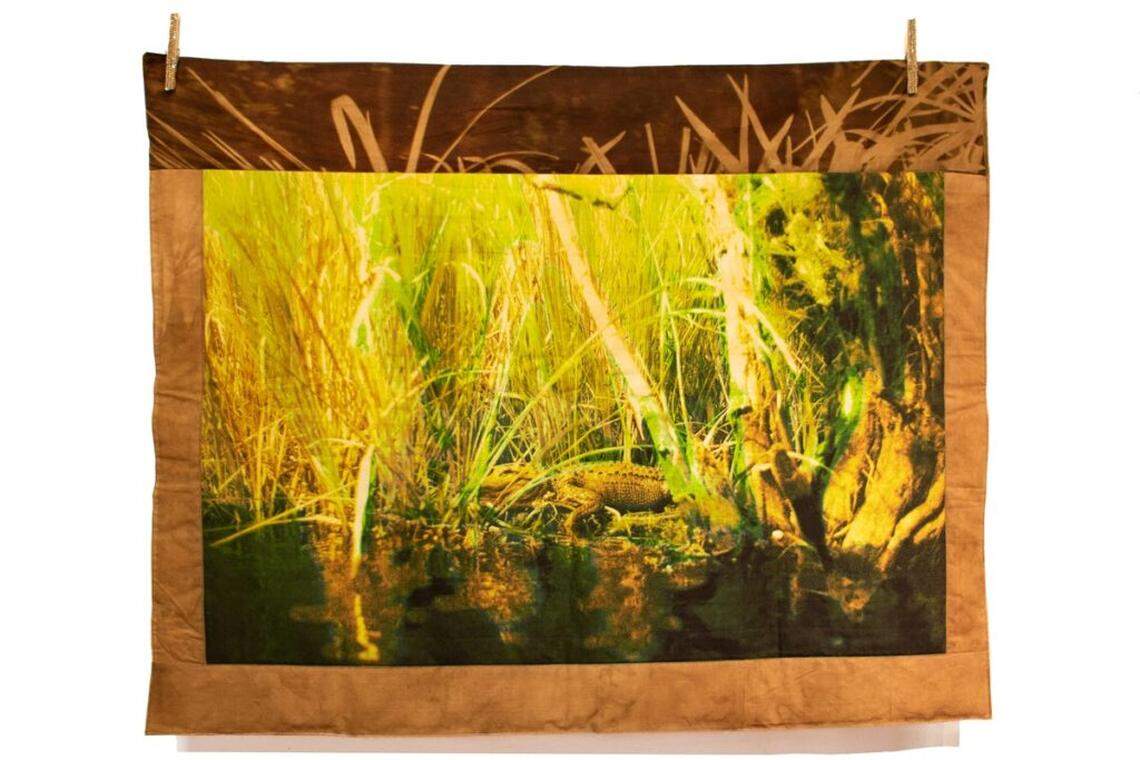 Diana Eusebio, Alligator Alcatraz, 2025. Photograph digitally printed on cotton fabric naturally dyed yellow with Spanish moss and sapote, quilted by hand. 27 x 37 in.
