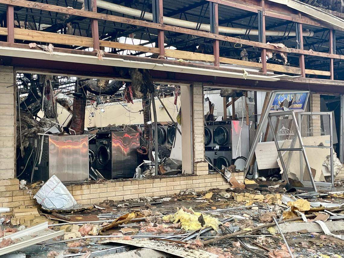 Four people were hurt when this laundromat exploded and caught fire at a strip mall in Ocala, Florida, officials say.