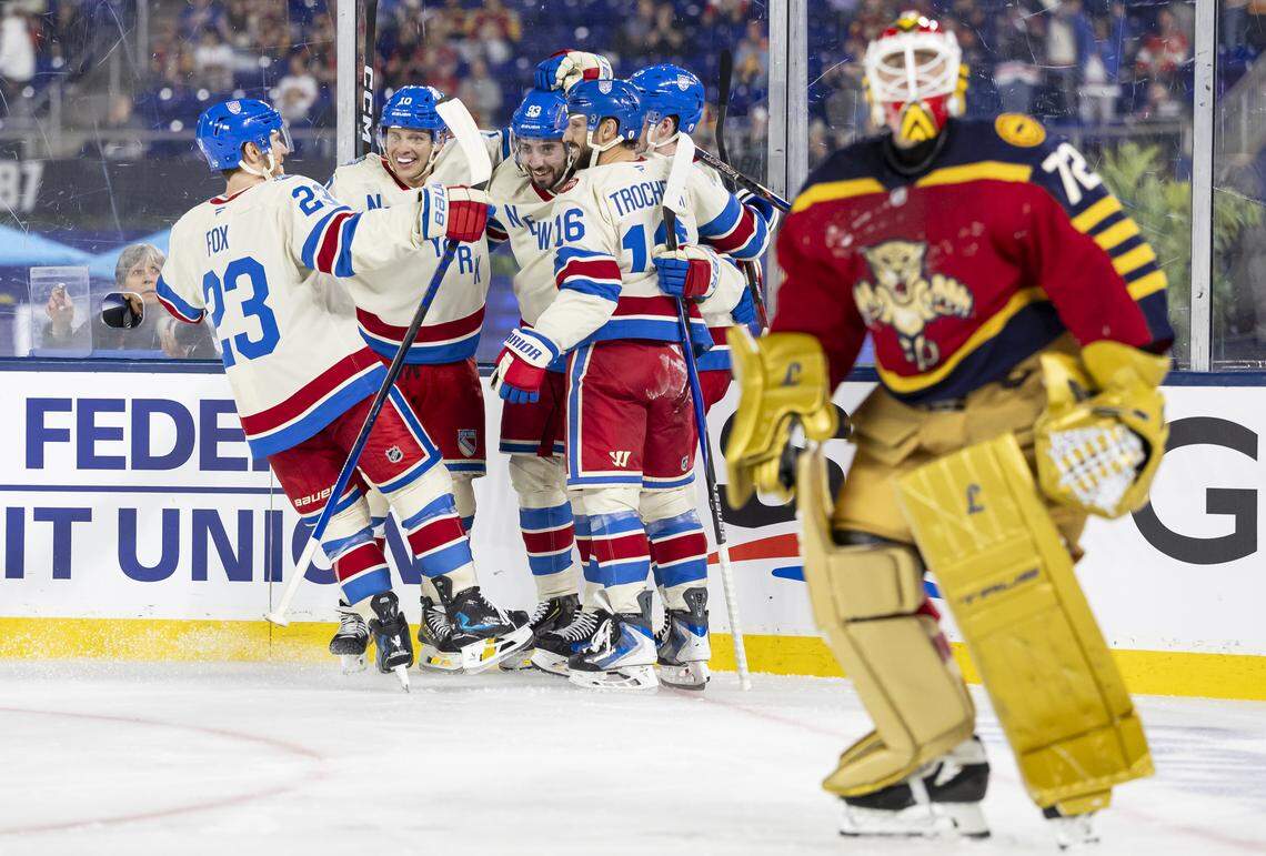 New York Rangers center Mika Zibanejad (93) celebrates after scoring against Florida Panthers goaltender Sergei Bobrovsky (72) in the second period of their Winter Classic outdoor hockey game at loanDepot park on Friday, Jan. 2, 2026, in Miami, Fla.