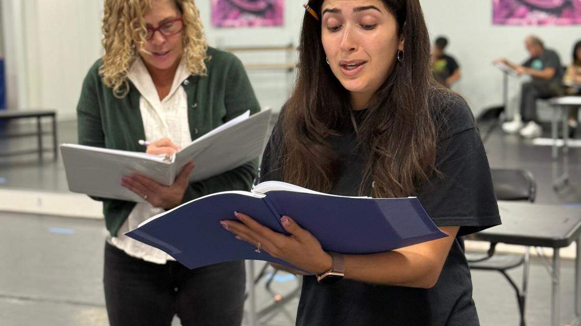 Tracey Barrow-Schoenblatt as Amanda Wingfield, and Megan Zorrilla as Laura Wingfield rehearse for ‘The Glass Menagerie,’ a new production by What if Works.
