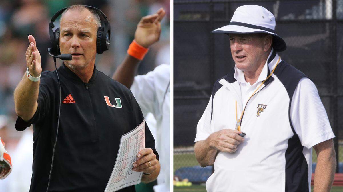 UM coach Mark Richt, left, and FIU coach Butch Davis