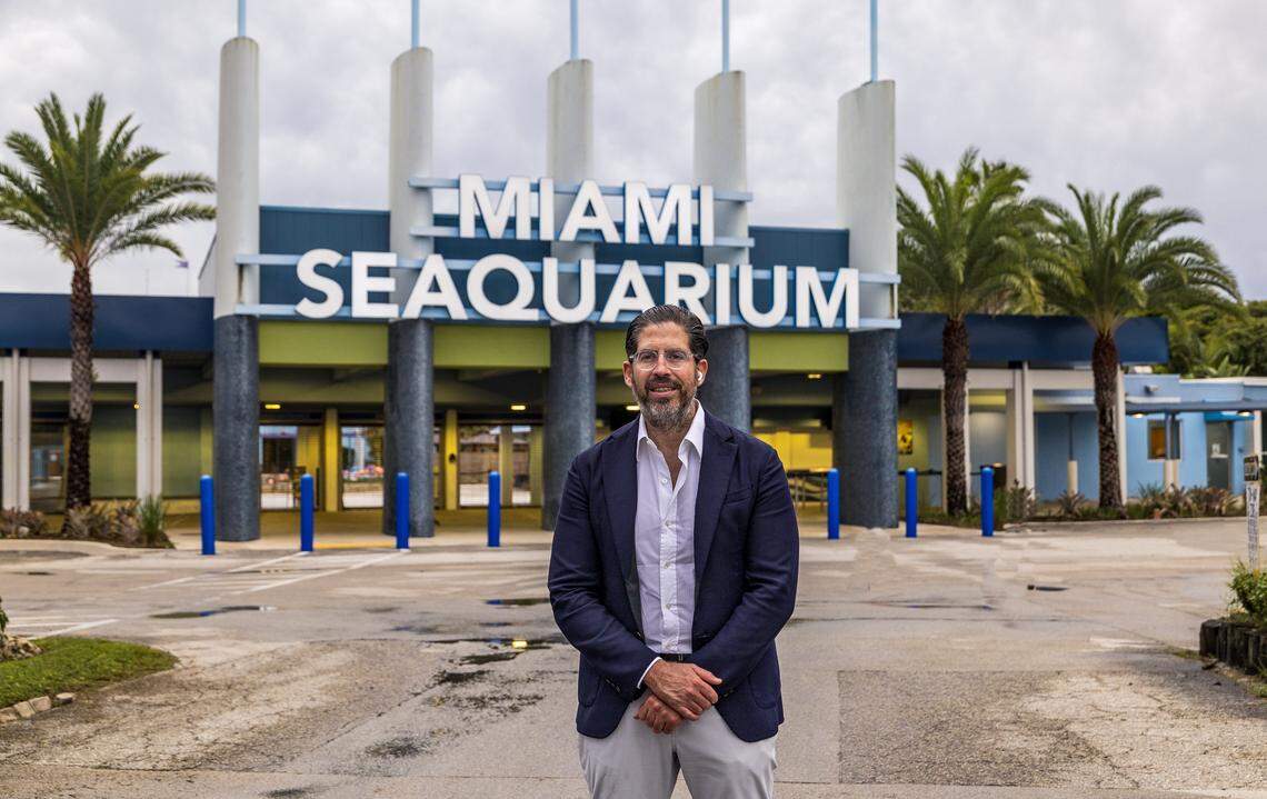 David Martin, CEO of Miami-based development firm Terra, stands by the entrance of the Miami Seaquarium, in Virginia Key, that will be closing on Sunday October 12, after 70 years in business, almost a year after the seaquarium filed for bankruptcy and is planning to sell the lease on its public waterfront property for $22.5 million to him and a subsidiary of his development company, on Friday October, 10 2025.