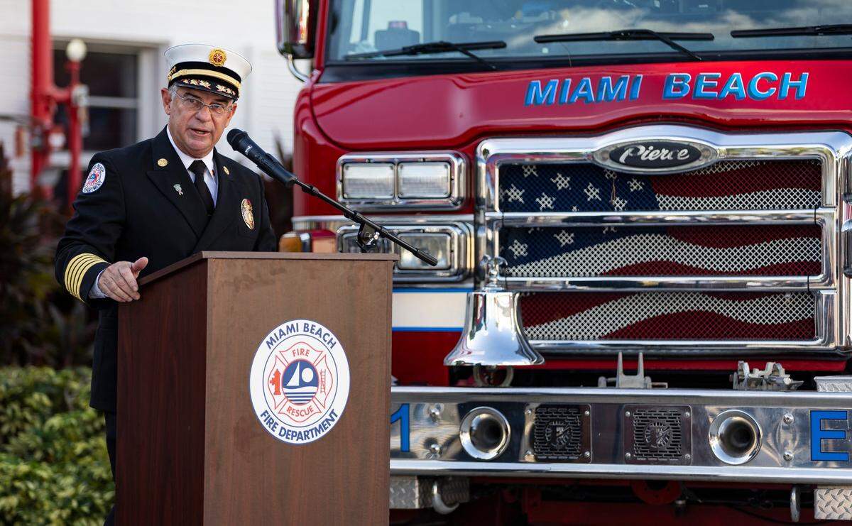 Miami Beach Fire Department Chief Virgil Fernandez speaks during a remembrance ceremony at Fire Station 2 on Monday, Sept. 11, 2023, in Miami Beach, Fla.