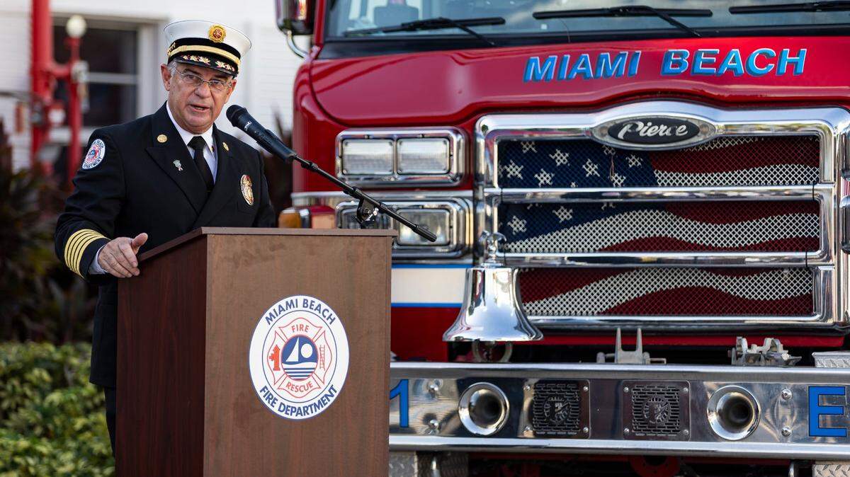 Miami Beach Fire Department Chief Virgil Fernandez speaks during a remembrance ceremony at Fire Station 2 on Monday, Sept. 11, 2023, in Miami Beach, Fla.