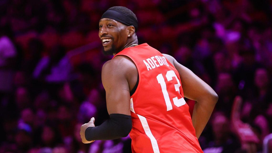 Miami Heat center Bam Adebayo (13) reacts after scoring a three-point shot during the first quarter of the Red, White & Pink intrasquad scrimmage game at the Kaseya Center in downtown Miami, Monday, October 7, 2024.