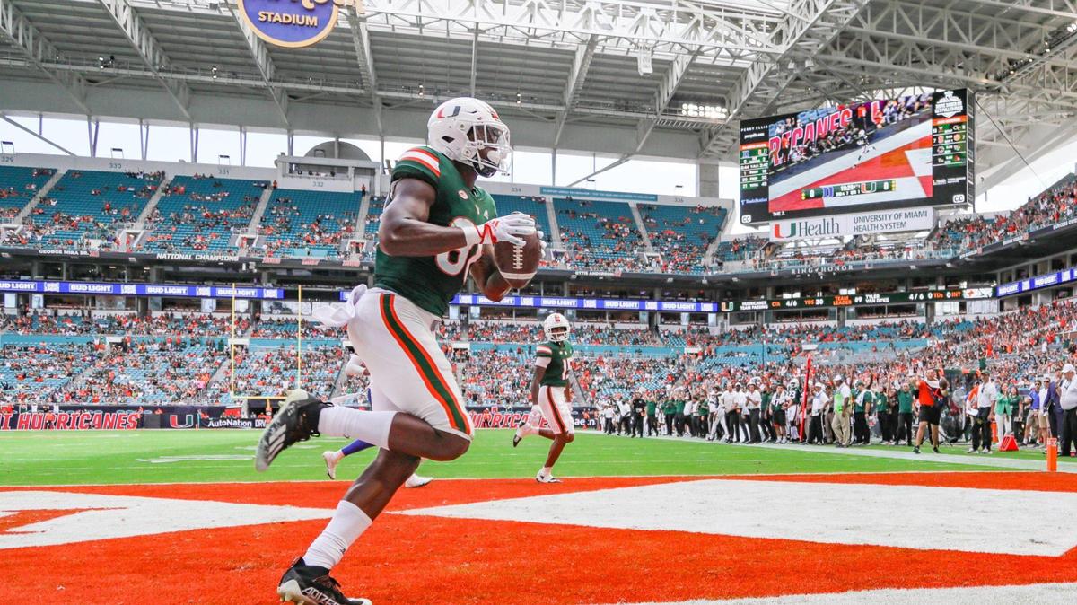 Miami Hurricanes wide receiver Colbie Young (88) scores in the first quarter against the Duke Blue Devils at Hard Rock Stadium in Miami Gardens on Saturday, October 22, 2022.