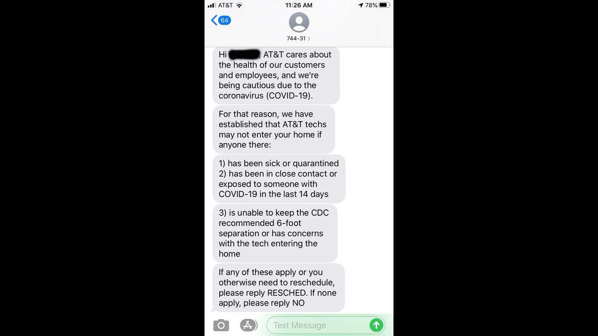 AT&T is screening customers through a questionnaire for possible COVID-19 exposure before allowing them to schedule an appointment with a technician.