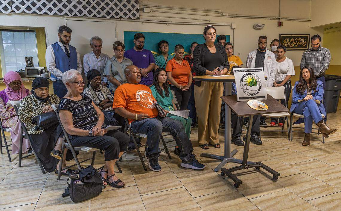 Rabbi Jessica Jacobs of Temple Beth Sholom leads a prayer vigil for renters at Masjid Al-Ansar where community members, faith leaders, and advocates gathered to urge Miami-Dade County officials to uphold their commitments to fund a program that protects families from unlawful eviction.