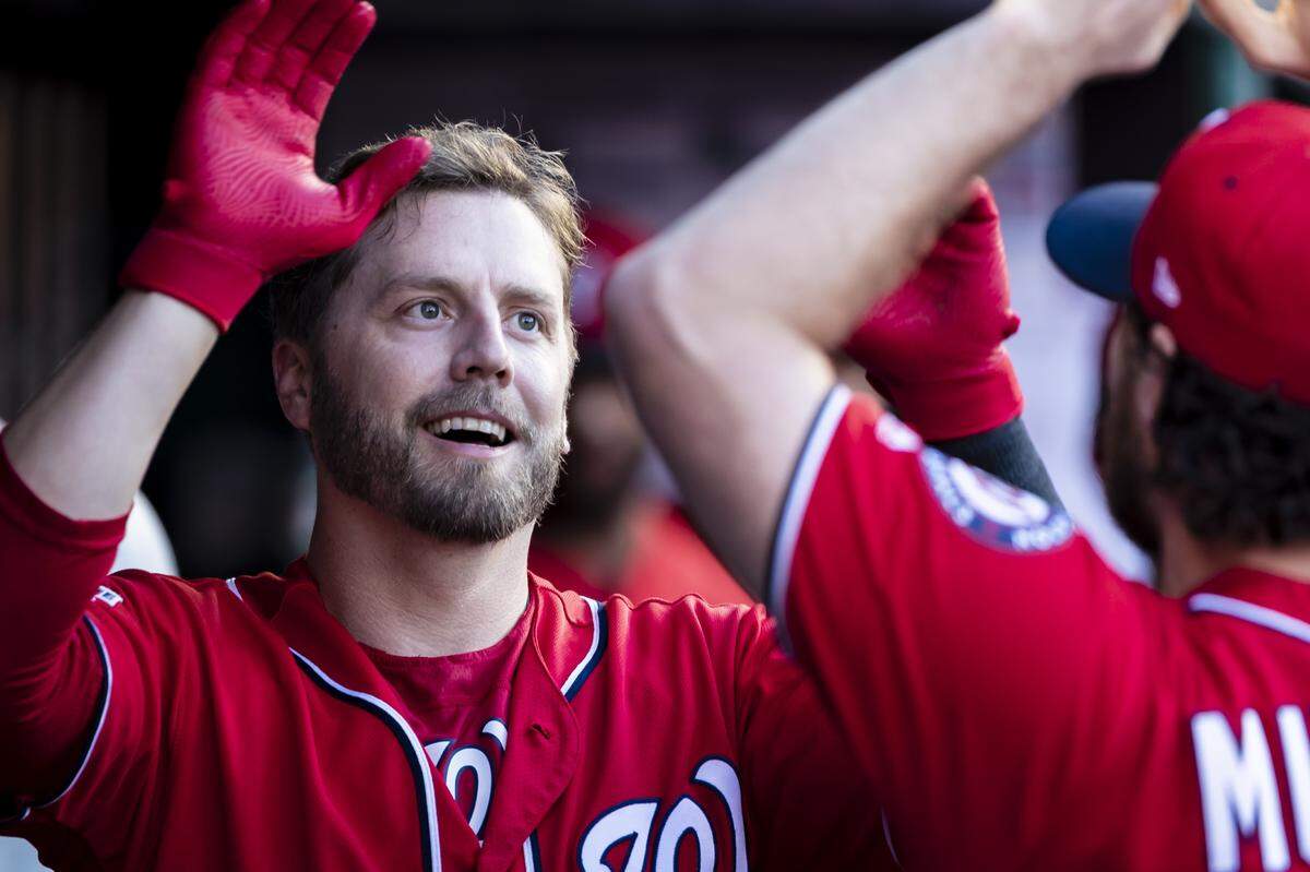 Mark Reynolds celebrated after hitting a home run for Washington on July 7.  Reynolds has 10 home runs this season, bringing his career total to 291 in 12 major league seasons.
