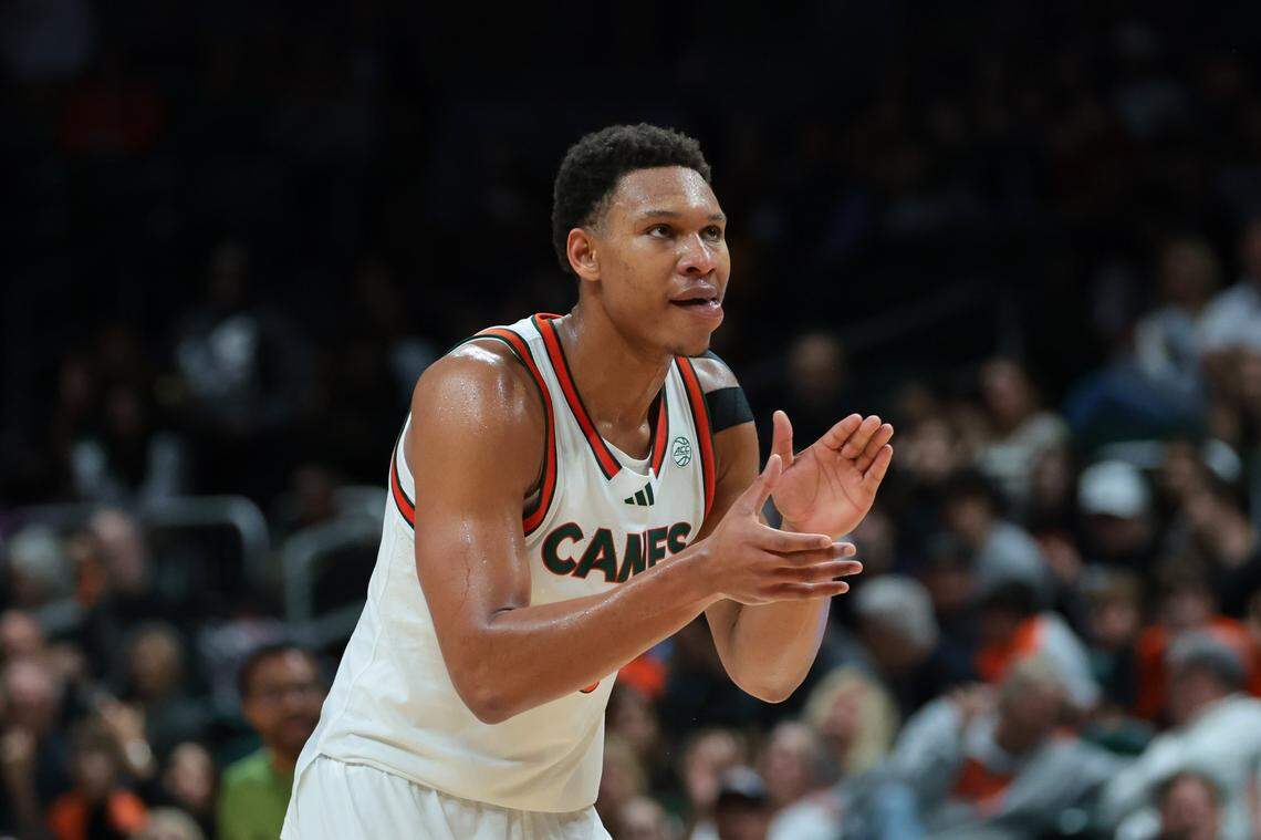 Miami Hurricanes forward Malik Reneau (5) reacts after scoring against the Stetson Hatters during the first half at Watsco Center in Coral Gables, Florida, on Monday, Nov. 10, 2025.
