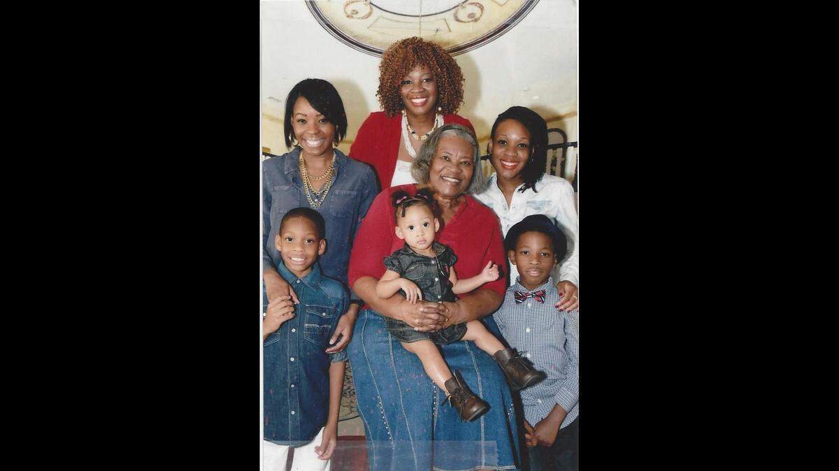 Bea Hines with her family. Back row, from left: granddaughter Jamie Hines; daughter-in-law Debra Hines; granddaughter La Quonia Hines. Front, from left: great-grandson Tavaris Williams; Bea Hines; great-grandson Jaylen Hines. And on Bea’s lap: great-granddaughter Halle Berry. Not shown: Nykeva Hines, Jaylen’s mother.