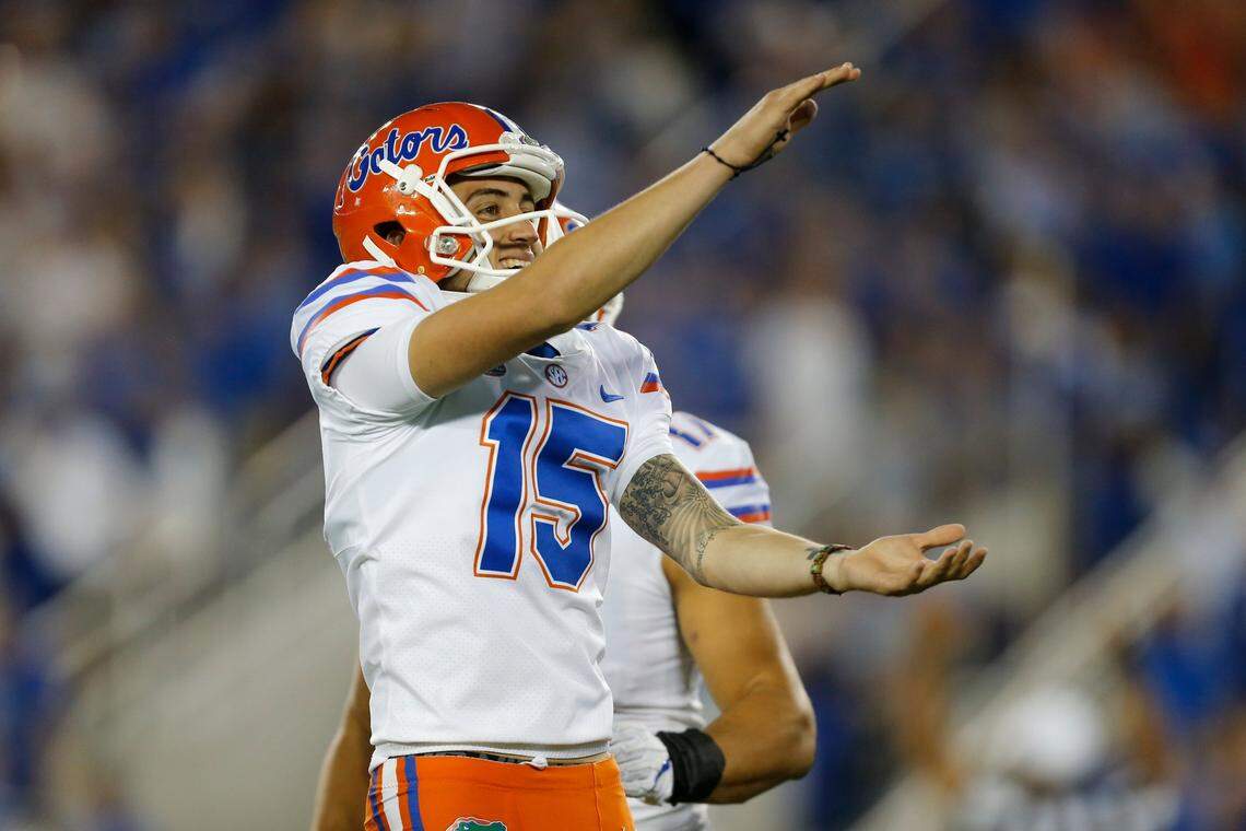 Florida Gators place kicker Eddy Pineiro (15) signals a gator chomp as he celebrates the field goal that put the Florida Gators ahead 28-27 during the second half against the Kentucky Wildcats at Kroger Field on Saturday, September 23, 2017 in Lexington, KY..