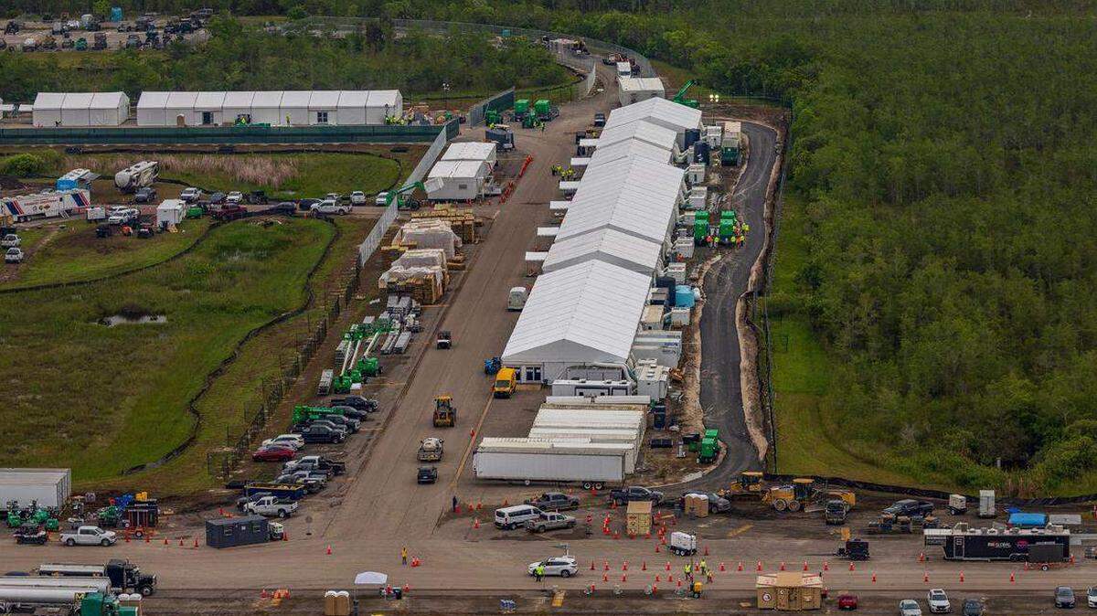Aerial view of structures including gigantic tents built at the recently opened migrant detention center, “Alligator Alcatraz,” located at the site of the Dade-Collier Training and Transition Airport in Ochopee, Florida on July 04, 2025.