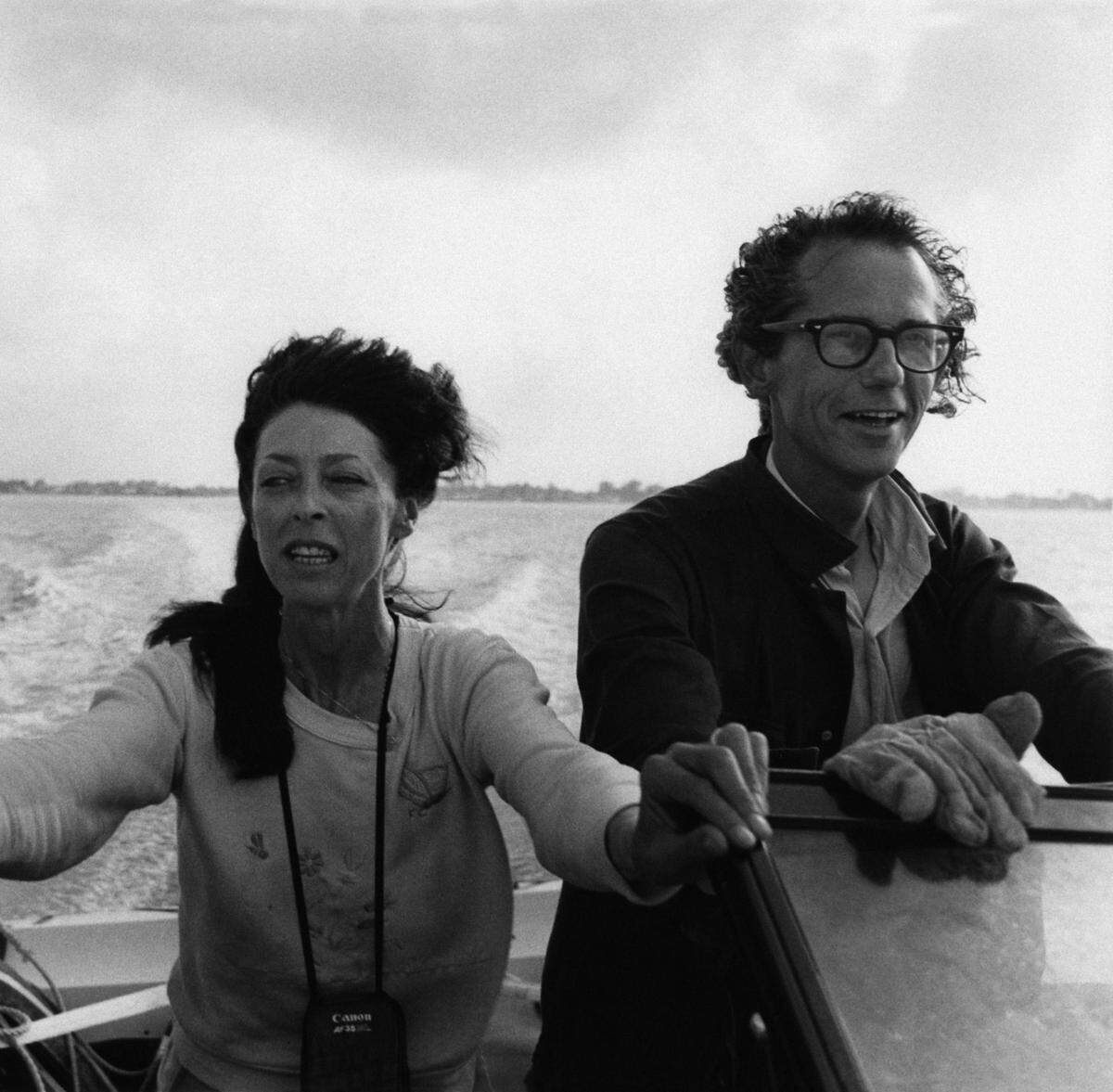 Christo and Jeanne-Claude working on the Surrounded Islands project, Florida, 1983.