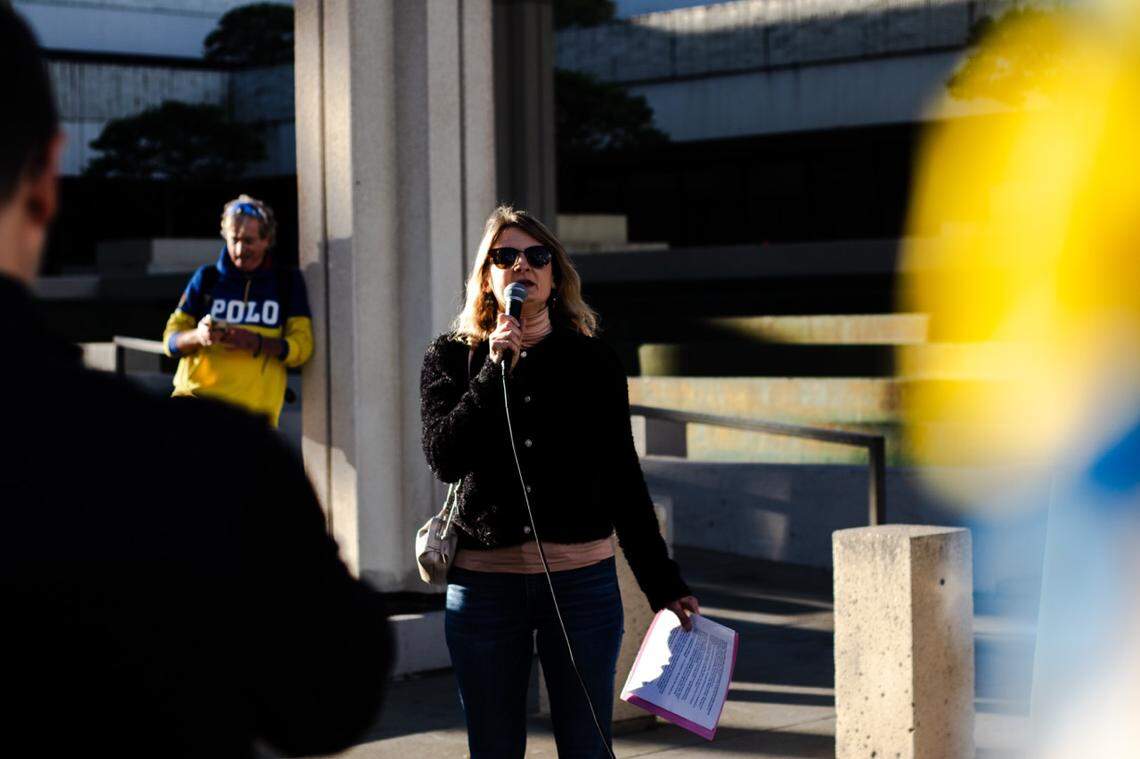 Julia Dryhybka speaking at a rally organized by UAF held on Feb. 24, 2026, in Fort Lauderdale for the anniversary of the full-scale invasion.