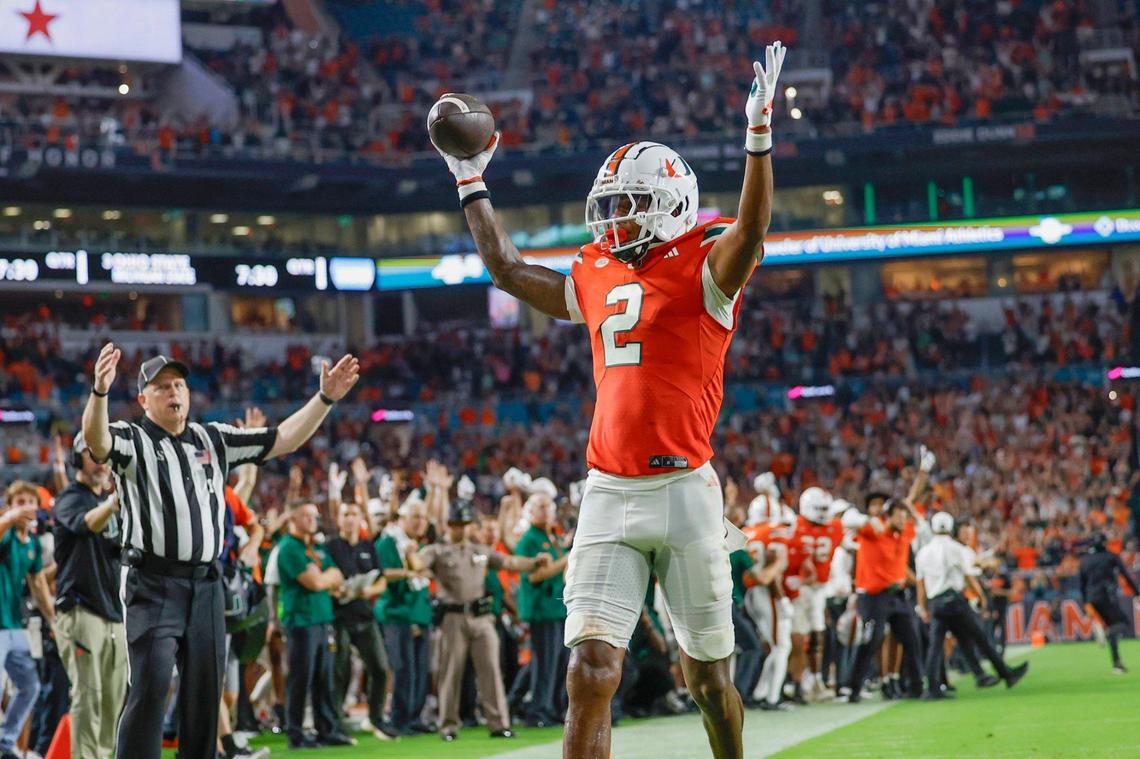 Miami Hurricanes wide receiver Isaiah Horton (2) reacts after scoring against the Virginia Tech Hokies during the second half of an ACC conference football game at Hard Rock Stadium on Friday, September 27, 2024, in Miami Gardens, Fla.