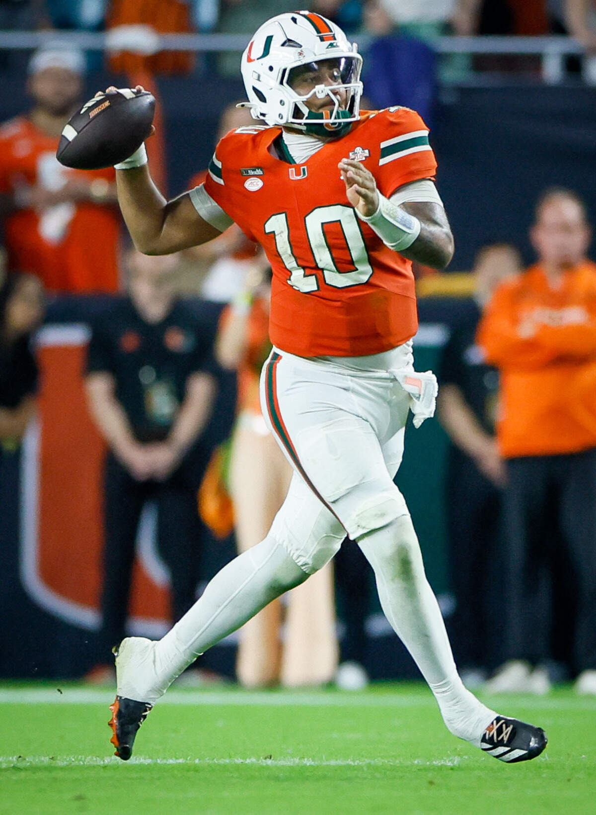 Miami Hurricanes quarterback Darian Mensah (10) looks to pass the ball against the Florida State Seminoles in the second half at Hard Rock Stadium in Miami Gardens, Florida, on Saturday, October 17, 2026.