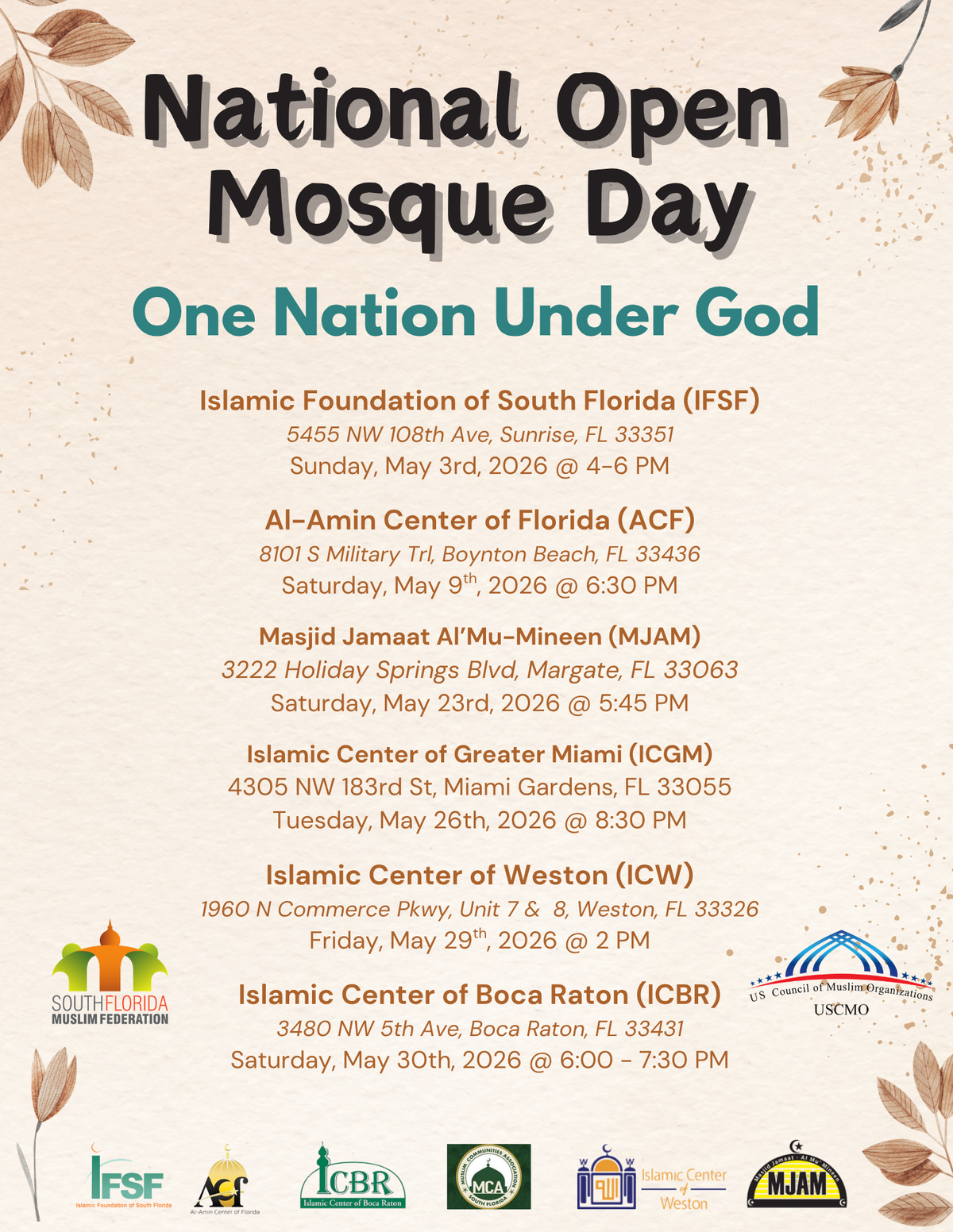 A flyer showing upcoming dates for Open Mosque Days around South Florida.