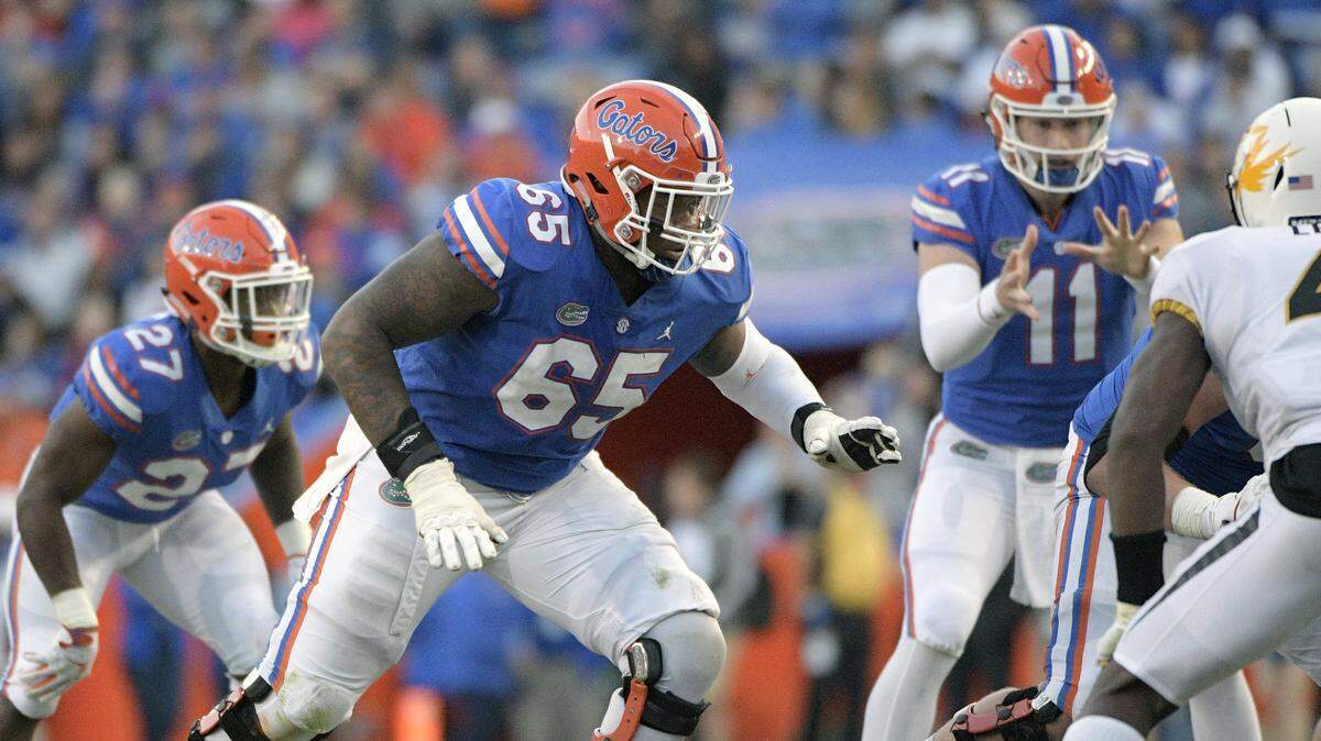 In this Nov. 3, 2018, file photo, Florida offensive lineman Jawaan Taylor (65) sets up to block at the line of scrimmage during the second half of an NCAA college football game against Missouri, in Gainesville, Fla.