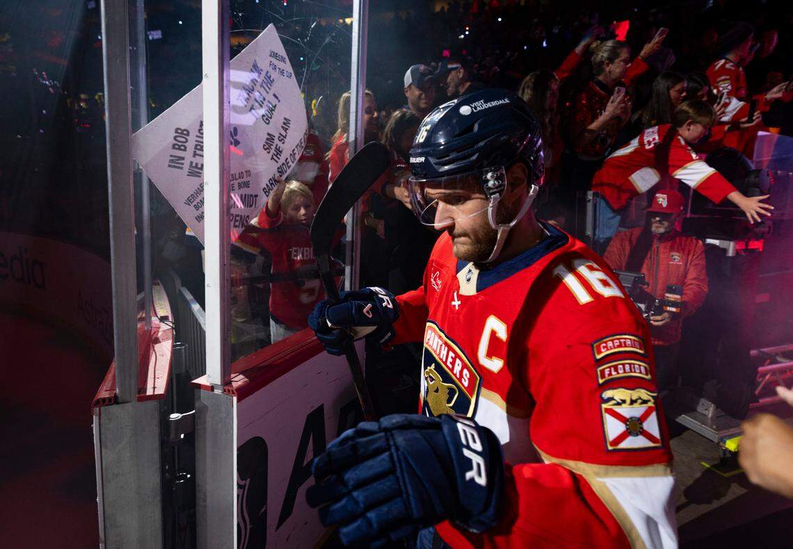 Florida Panthers center Aleksander Barkov (16) walks onto the ice before Game 4 during the Eastern Conference final of the NHL Stanley Cup playoffs against the Carolina Hurricanes at the Amerant Bank Arena on Monday, May 26, 2025 in Sunrise, Fla.