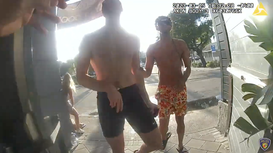 California State University Northridge basketball player De’Sean Eikens (right) was charged with punching an officer outside a Fort Lauderdale bar, police say.