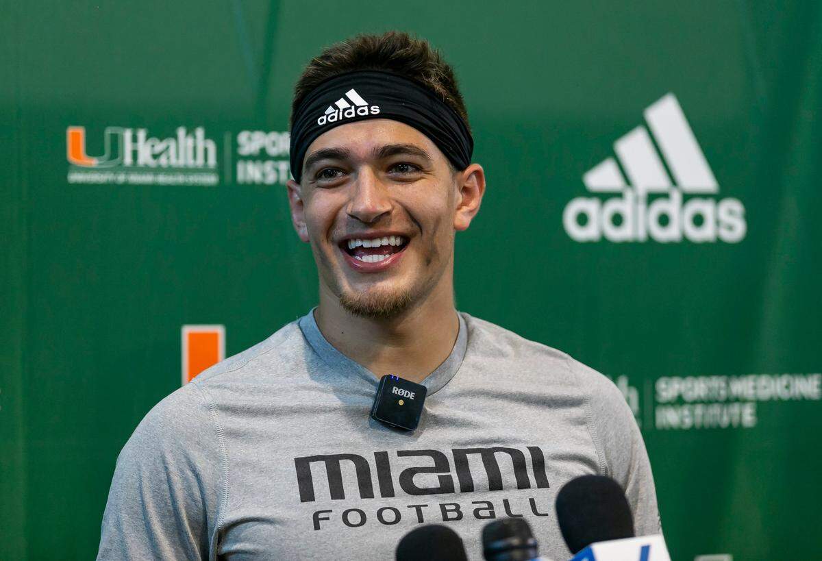 Miami Hurricanes quarterback Jake Garcia (13) speaks during a press conference at the University of Miami in Coral Gables, Florida on Monday, March 7, 2022.