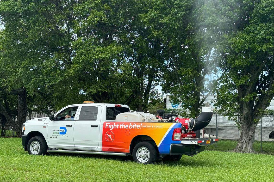 A Miami Dade County Mosquito Control worker uses a truck-mounted sprayer, called Buffalo Turbines, to pump out pesticide to kill mosquito larvae during a media event at the unit’s headquarters in Doral, FL on June 17, 2024. The county has expanded its truck spraying routes for the rainy season.