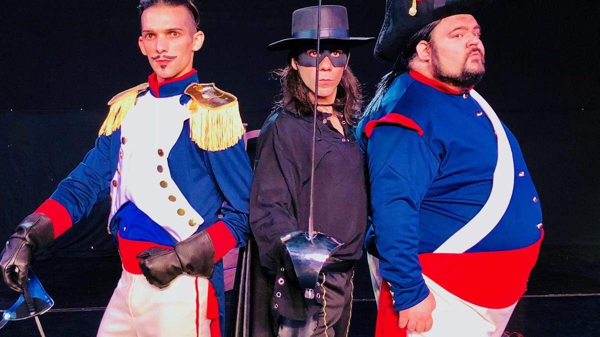 Macia McGeorge plays the cruel Ramon, Lito Becerra his brother Diego masquerading as Zorro, Tommy Paduano the affable Sergeant Garcia in “Zorro the Musical” at Miami Theater Center.