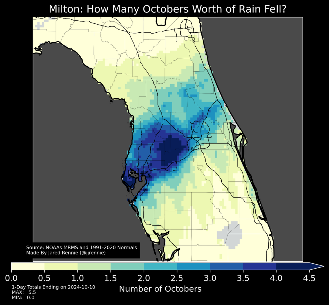 Graphic by the Jared Rennie with the National Oceanic and Atmospheric Administration showing how many October’s worth of rain fell during Hurricane Milton.
