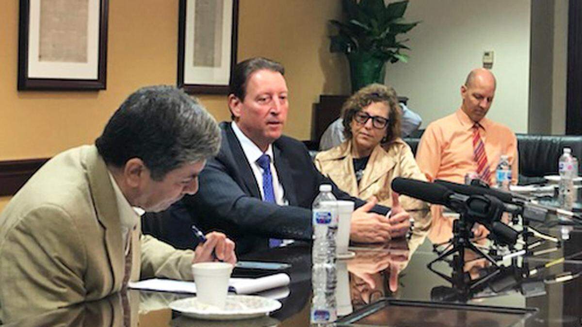 Senate President Bill Galvano (second from left), R- Bradenton, addresses reporters Friday about using prescription drugs from Canada.