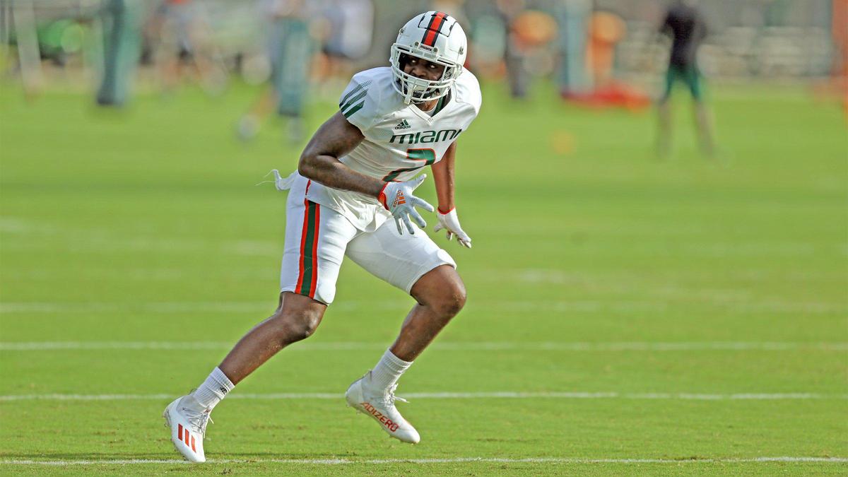 Miami Hurricanes cornerback Tyrique Stevenson (2) runs drills during practice at the University of Miamis Greentree Field in Coral Gables on Thursday, August 12, 2021.