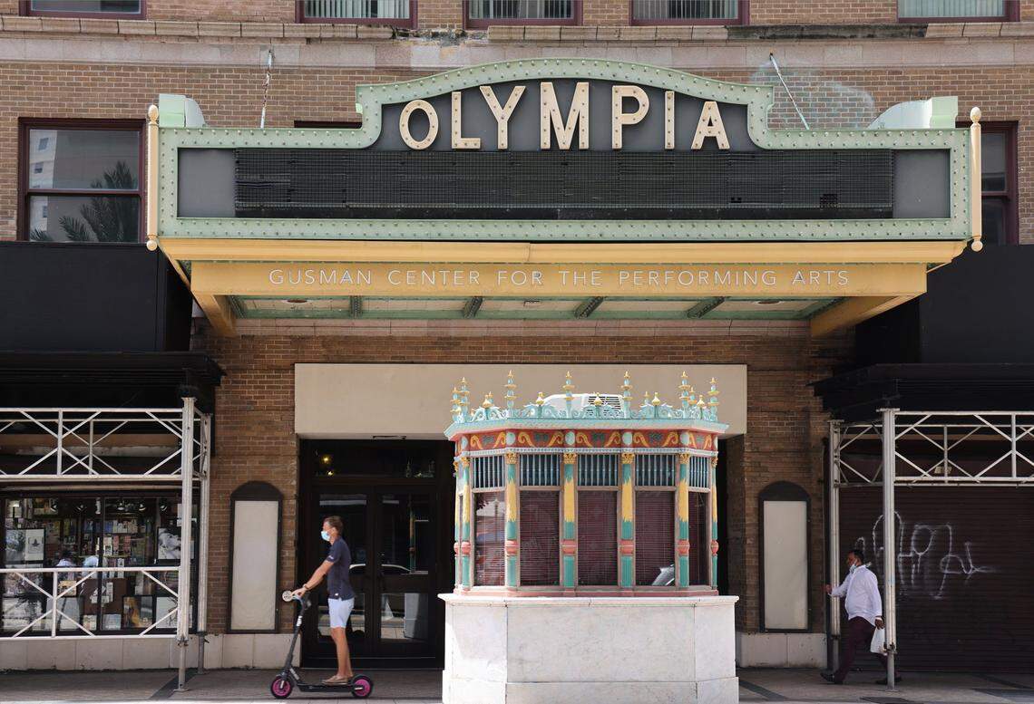 May 18, 2021 – The deteriorating facade of the historic Olympia Theater raises safety concerns for contractors working on the Flagler Street beautification project in downtown Miami, Florida.