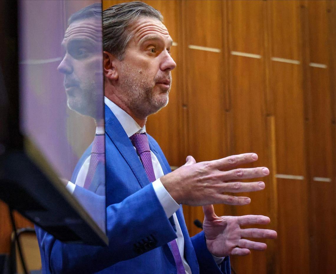 Miami-Dade State Attorney Tim VanderGiesen gives his closing arguments in the public corruption trial of suspended Miami Dade Commissioner Joe Martinez inside Judge de la O’s courtroom at the Richard E. Gerstein Justice Building in Miami, Florida, on Thursday, November 7, 2024.
