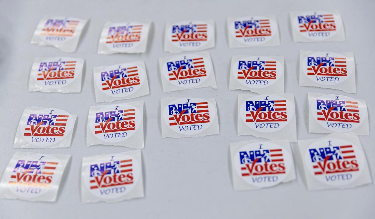 Stickers that say “I Voted” are ready to be given out at a polling site inside the Green Street Community Center on Tuesday, Jan. 23, 2024, in Concord, New Hampshire.