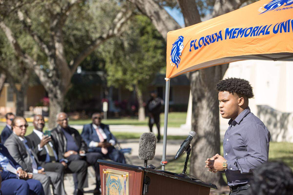 Florida Memorial University senior Malcolm Longsworth speaks to event attendants at the institution’s Miami Gardens campus on Monday, Jan. 31, 2022.