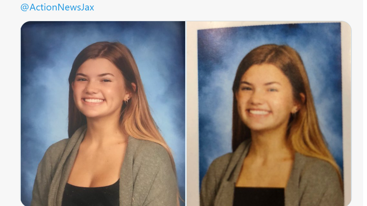 Student Riley O’Keefe’s photo was edited for the Bartram Trail High School yearbook in St. Johns, Florida/Twitter